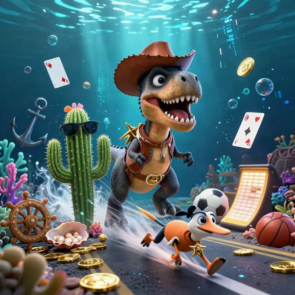 Cowboy T-Rex, cactus sidekick, and roadrunner in a glowing underwater treasure cove.