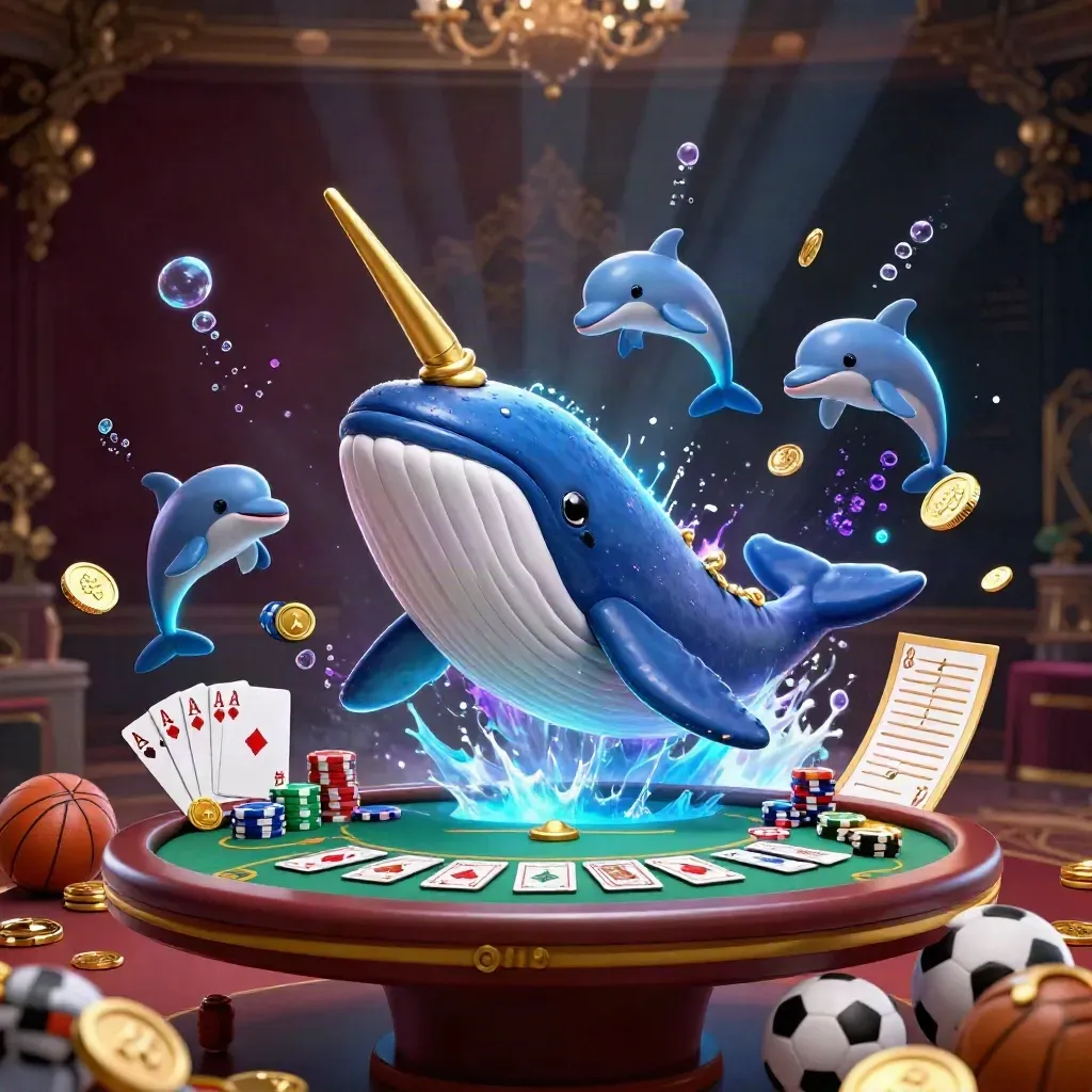 Whale captain, narwhal, and dolphins burst through casino coins with chips, cards, and cyan glow