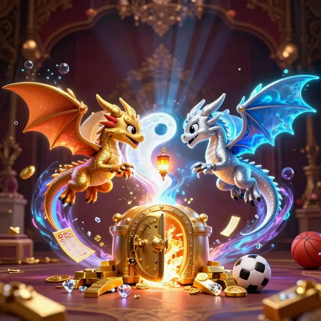 Gold and silver dragons swirl around a burst-open vault with gems, coins, and glowing cyan light.