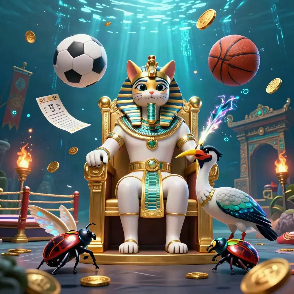 Pharaoh cat, ibis, and scarabs amid flying sports balls, coins, and neon casino effects.