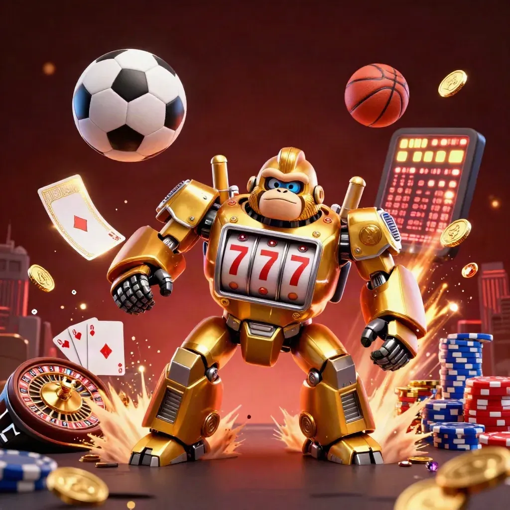 Golden gorilla mech with tiny monkey pilot, coins, cards, chips, ball sports and neon casino glow.