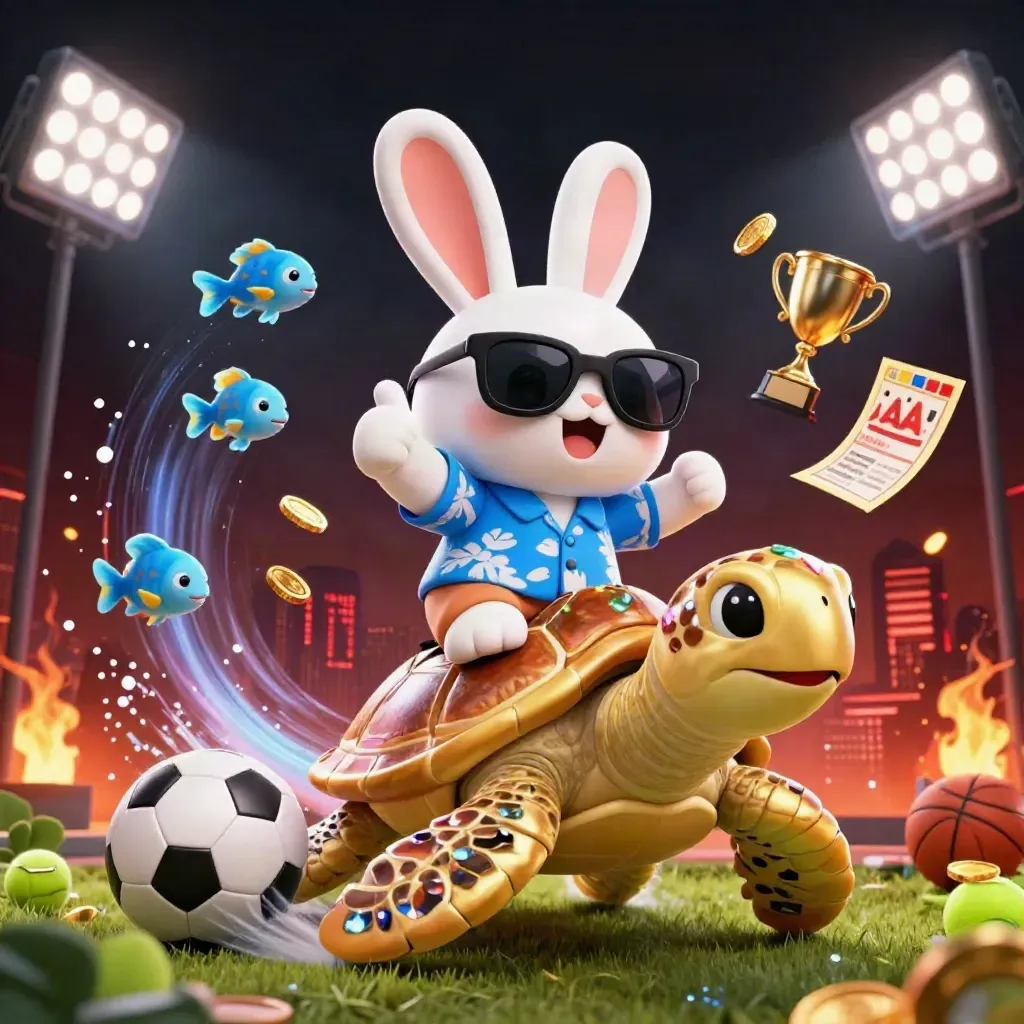 Lucky rabbit rides a gem-shell sea turtle amid flying balls, coins, lights, and neon casino energy.