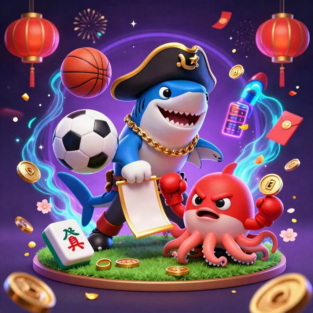 Cartoon pirate shark, pufferfish, and octopus amid casino sports magic and flying balls