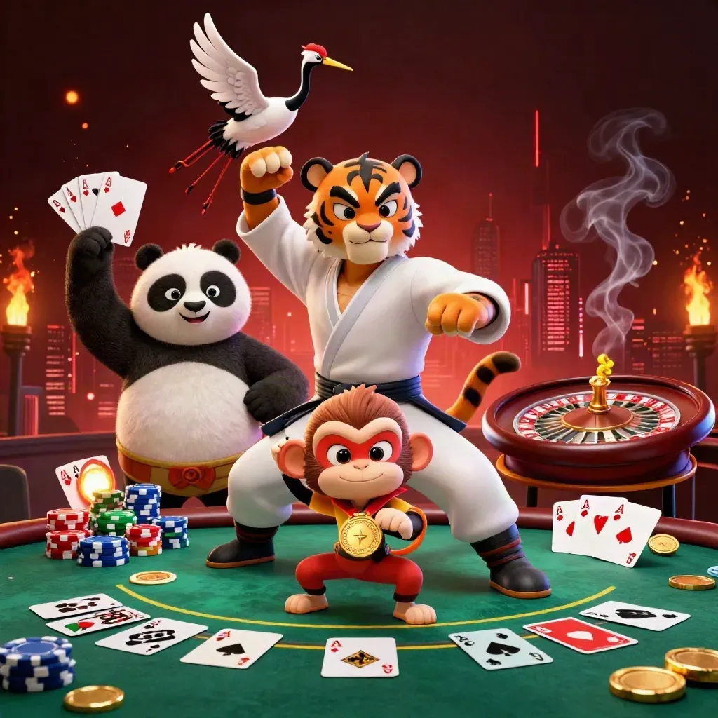 Tiger, panda, and monkey in a glowing casino scene with chips, cards, and roulette.