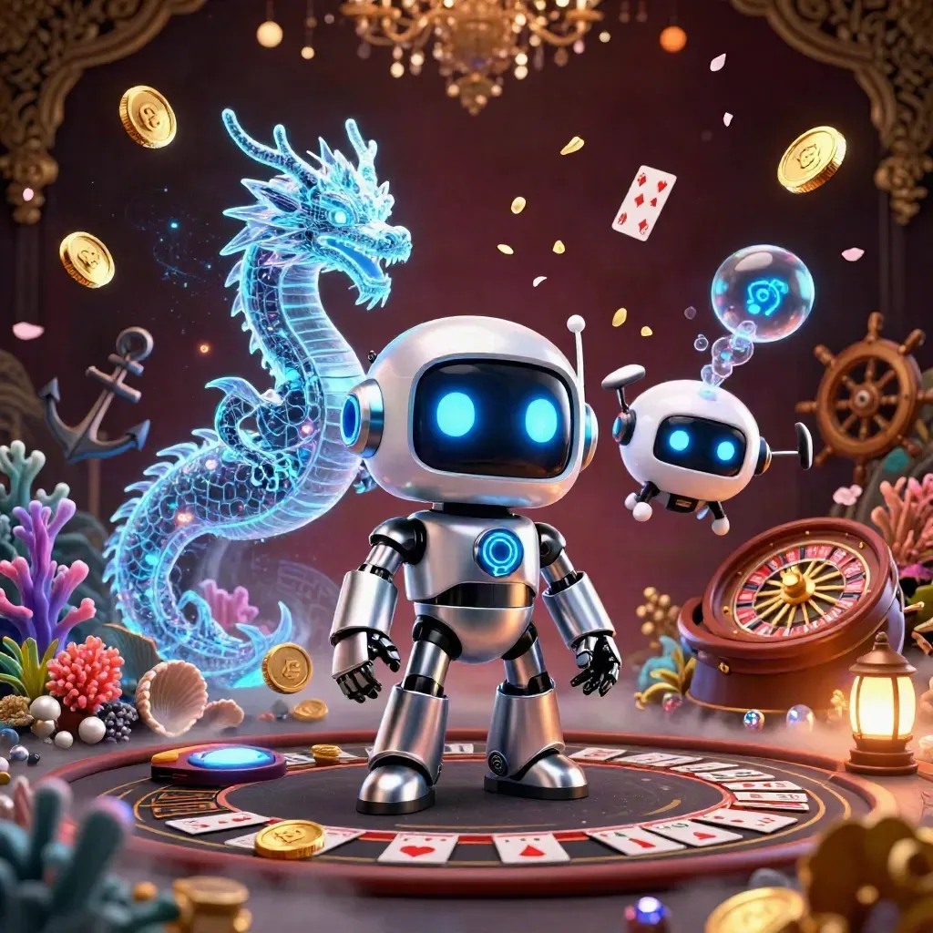 Cyberpunk robot, holographic dragon, and drone in a lavish casino-treasure cove scene