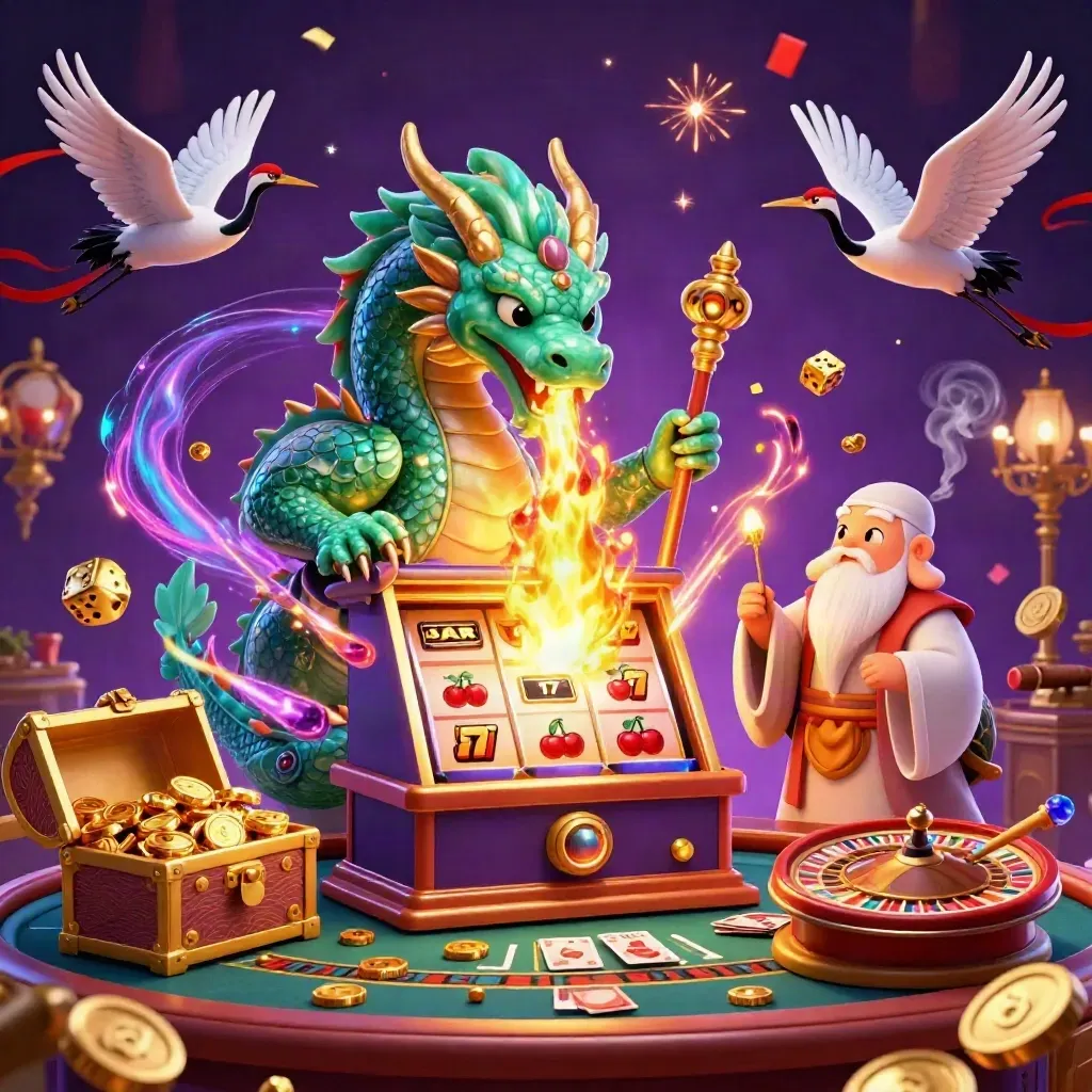 Dragon, turtle sage, and cranes amid casino magic, slot burst, gold, fireworks, dark purple glow.