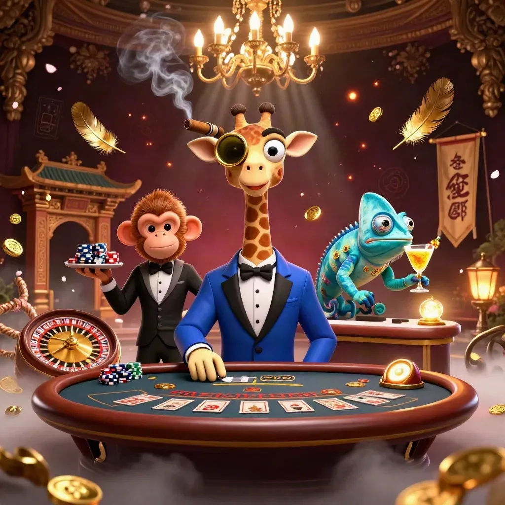 Giraffe, monkey valet, and chameleon bartender in a glowing luxury casino room.