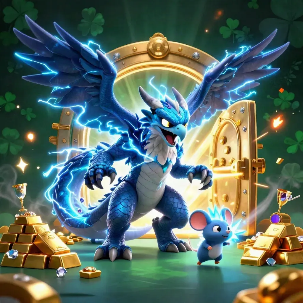 Thunder dragon, hawk, and mouse burst from a gold vault in neon casino lighting.