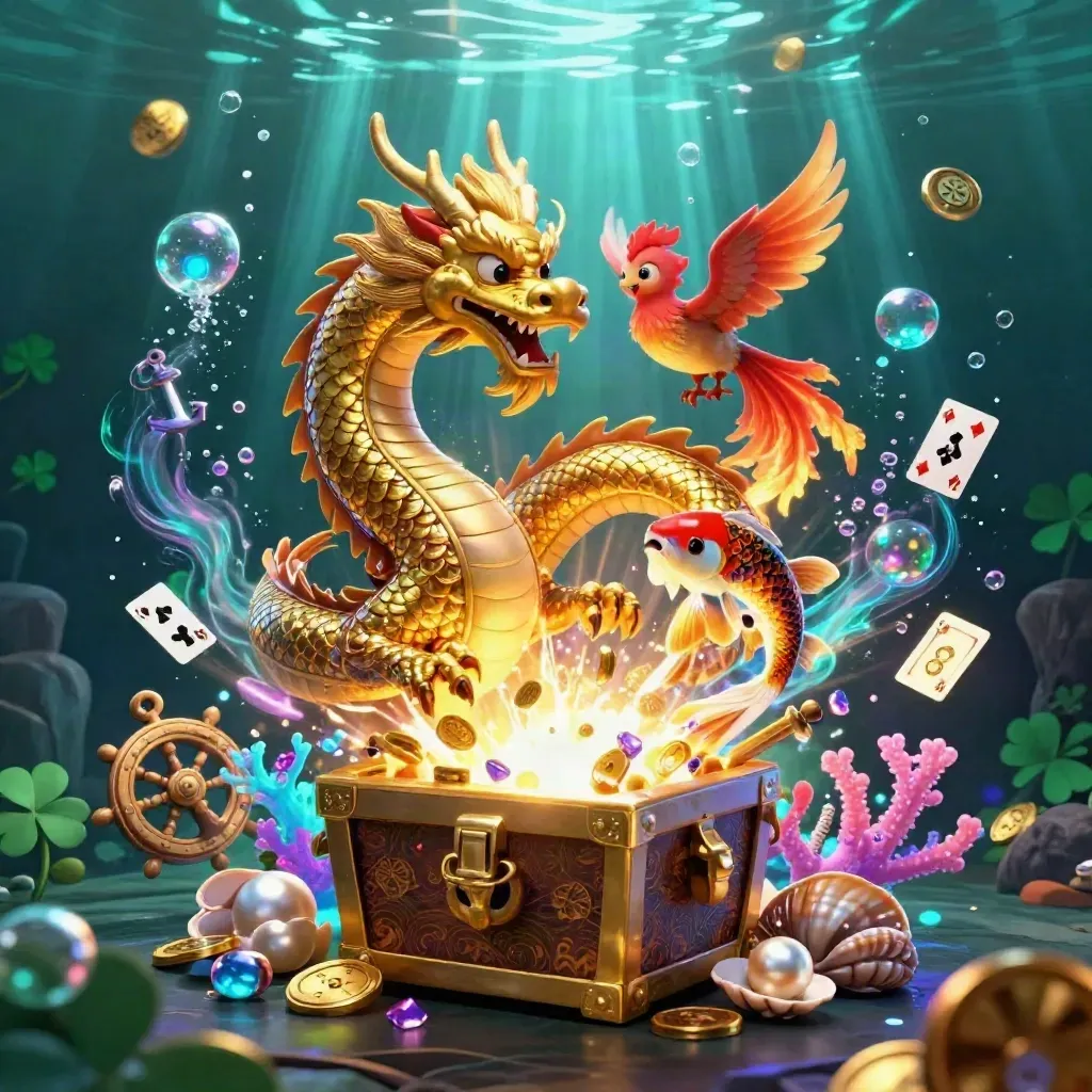 Golden dragon, red phoenix, and koi burst from a treasure chest in a glowing underwater cove.