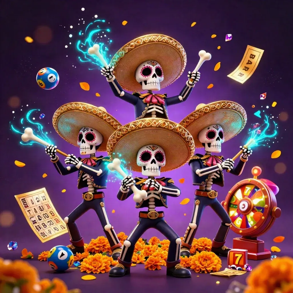Three sugar-skull mariachi skeletons burst with cyan glow, gold sparks, lottery balls, and casino prizes.