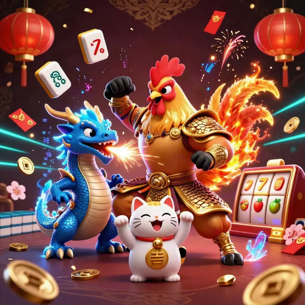 Rooster warrior, dragon hatchling, and fortune-cat amid casino luck bursts and cyan neon glow.