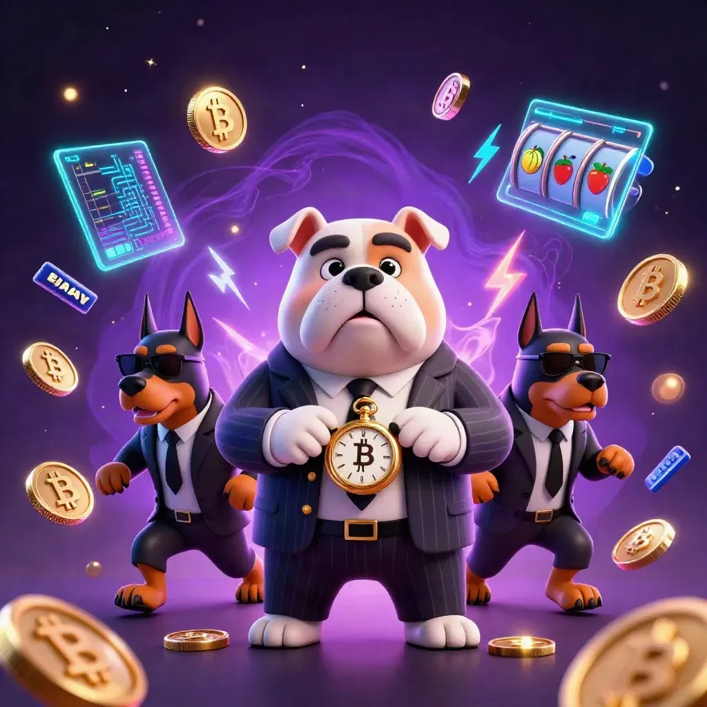 3D bulldog boss and bodyguards amid glowing crypto coins, reels, charts, and casino sparks