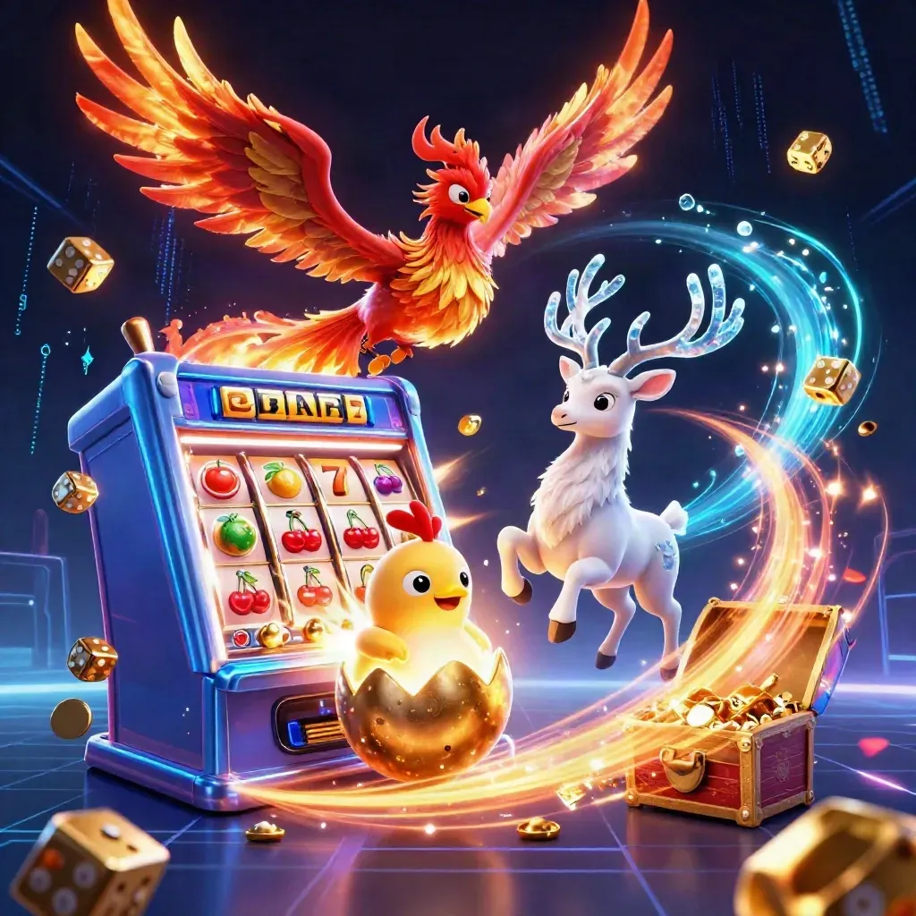 Phoenix, baby phoenix, and crystal stag burst from a glowing slot machine amid gold and cyan energy.
