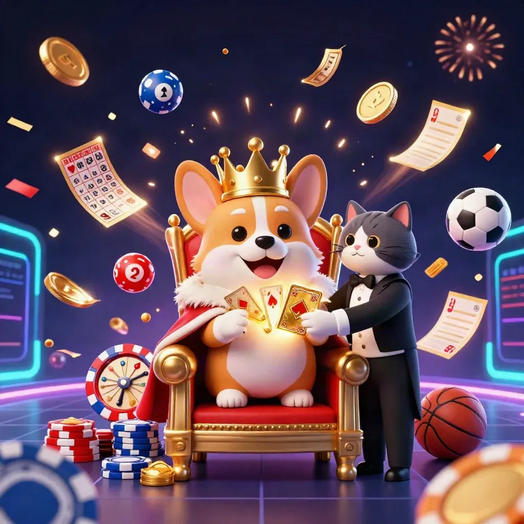 Royal corgi and cat butler amid coins, confetti, fireworks, lottery balls, and casino props.
