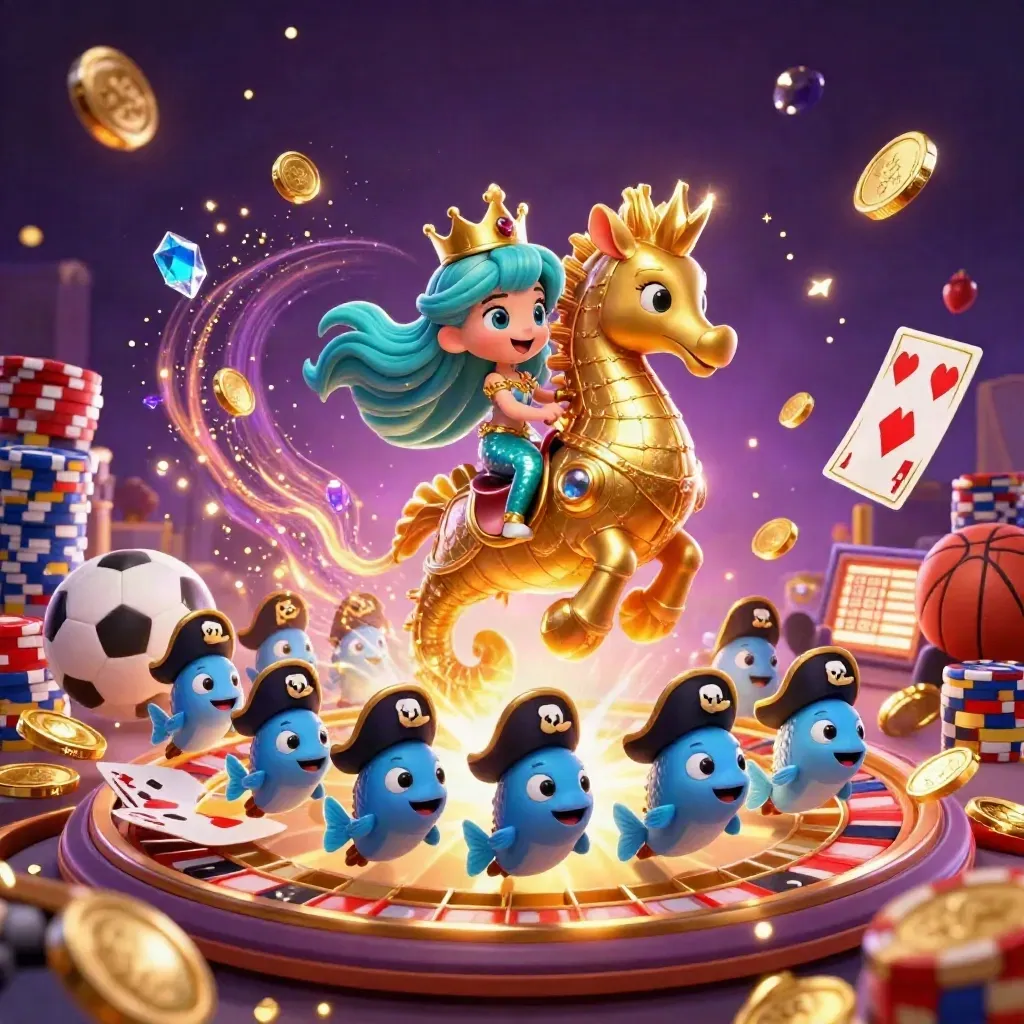 Mermaid princess on a golden seahorse amid coins, chips, cards, gems, and neon casino glow.