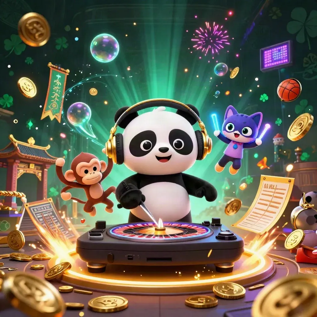 DJ panda, breakdancing monkey, and rave kitten amid coins, vault bursts, temple gate, neon glow