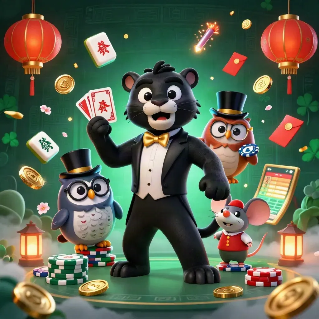 Panther, owl, and mouse amid exploding coins, lanterns, and sports betting icons.