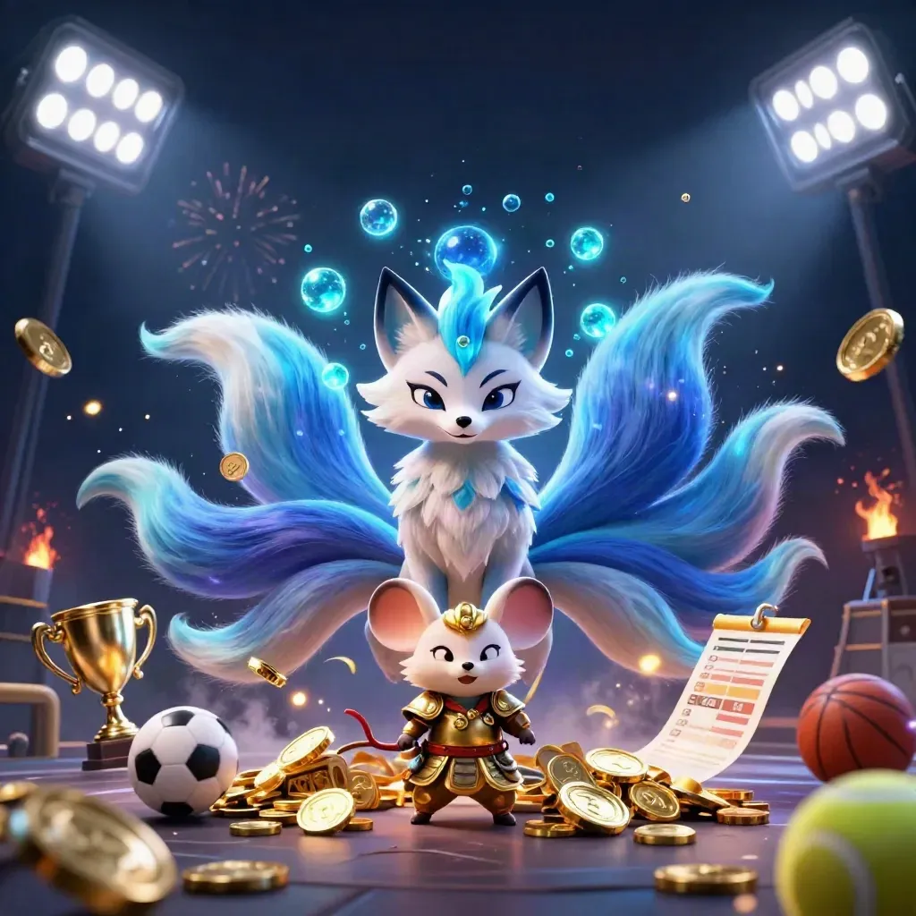 Nine-tailed fox spirit and gold-armored mouse amid coins, sports balls, and fireworks.