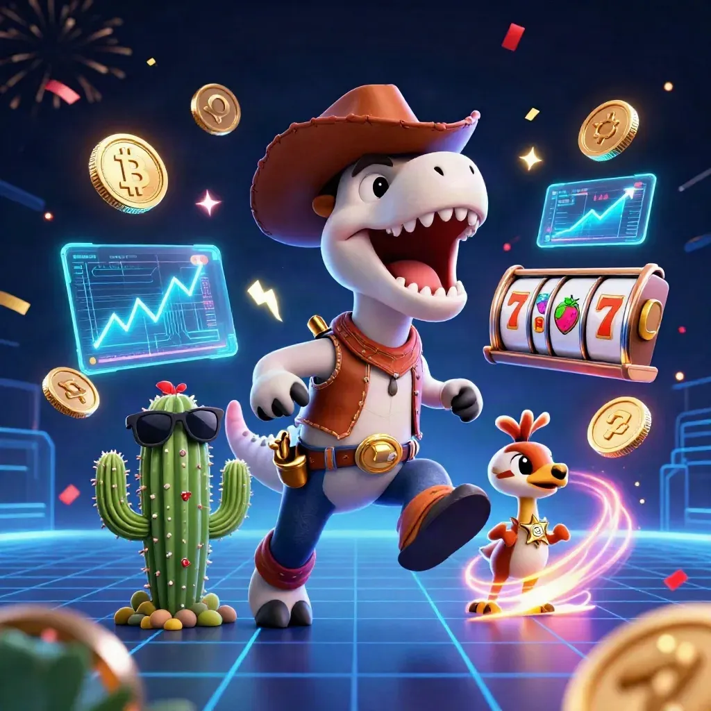 Cowboy T-Rex trio with neon crypto casino effects on a dark glowing grid