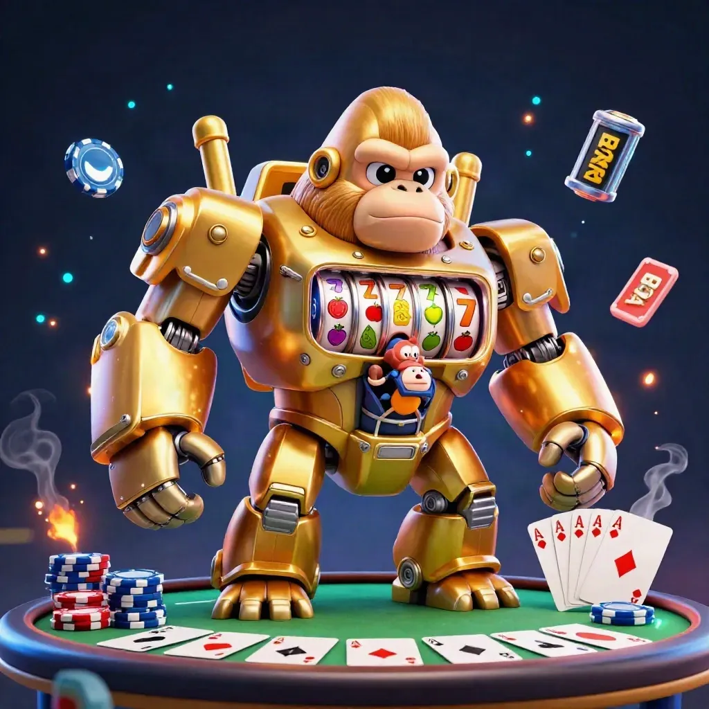 Golden gorilla mech with tiny monkey pilot, poker chips, aces and neon casino glow