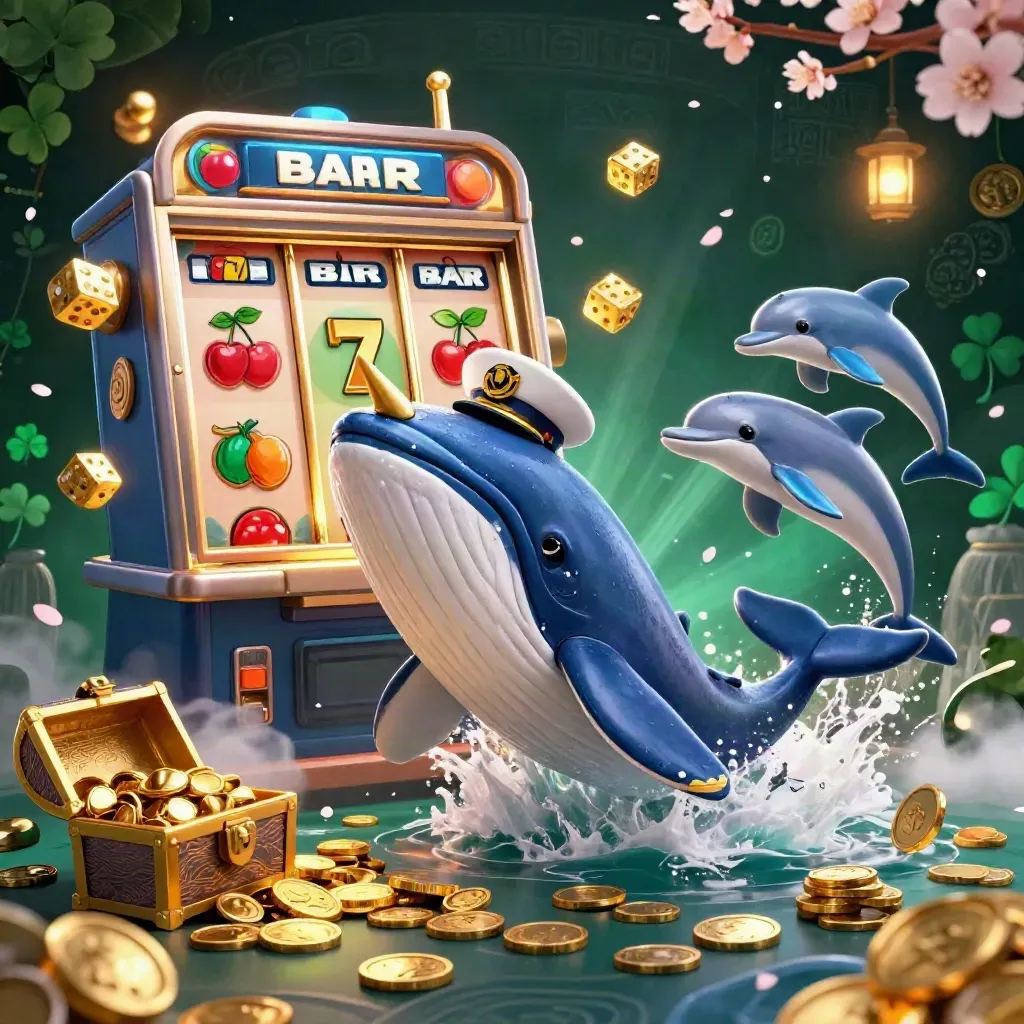 Whale captain, narwhal, dolphins, slot symbols, coins, gold, and glowing casino effects.