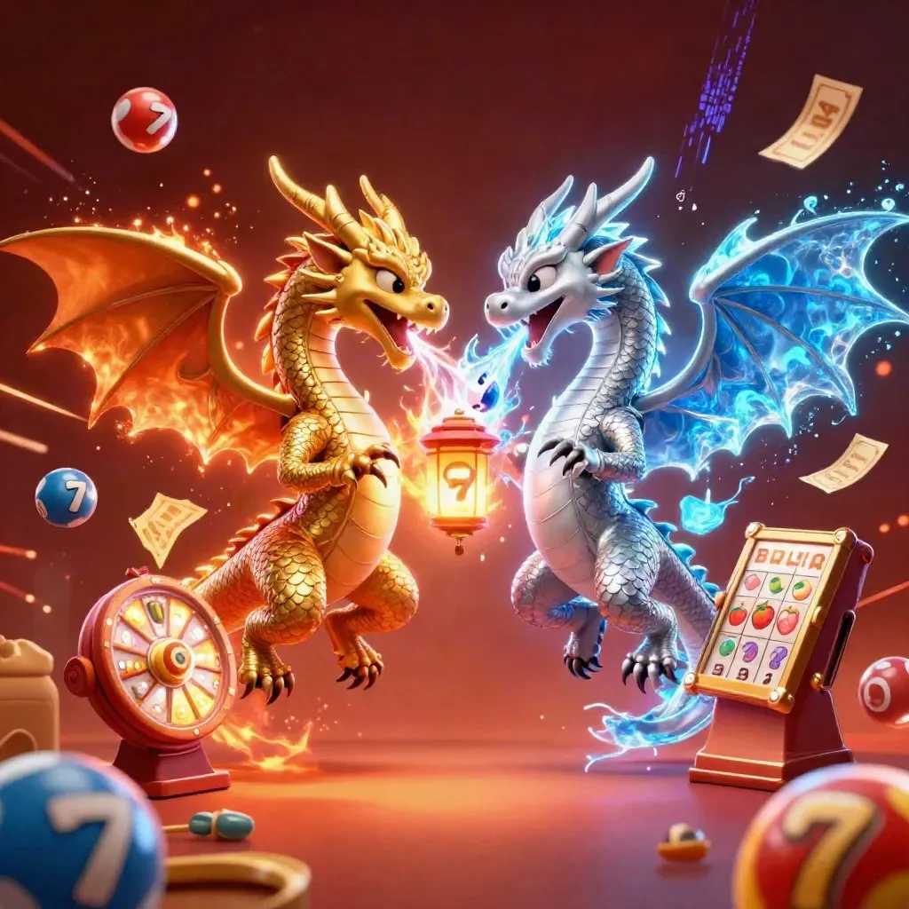 Gold and silver dragons form a fiery yin-yang around a lantern spirit with casino icons swirling