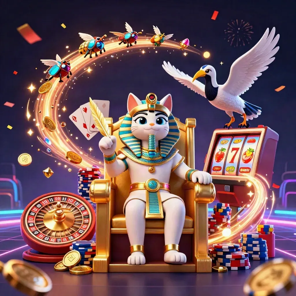 Pharaoh cat on throne with ibis scribe, scarabs, coins, chips, and glowing casino effects