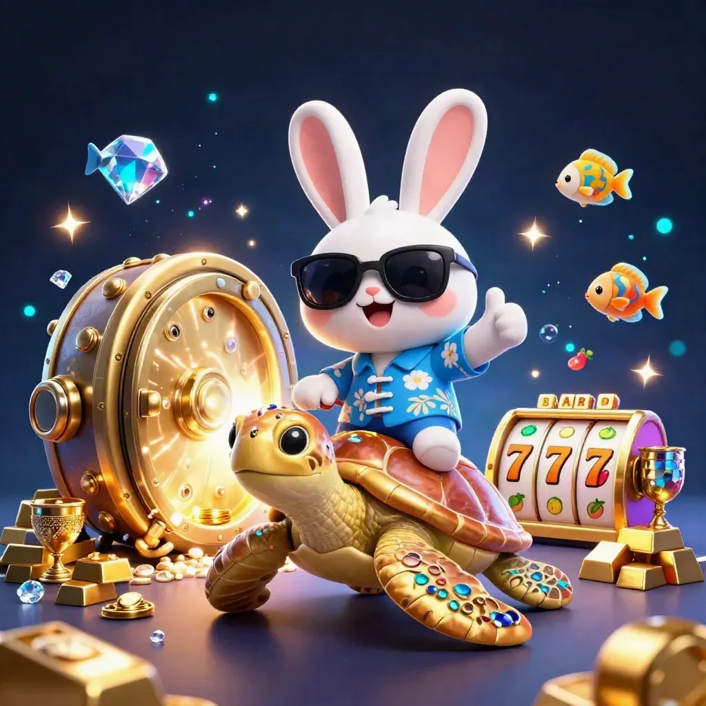 Lucky rabbit rides a gem shell turtle as gold vault loot explodes in neon cyan light